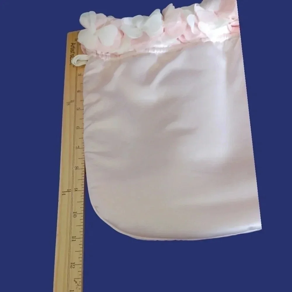 Aimer satin Dragstring Pouch Bag W/Stunning Floral Around The Top Blush Pink